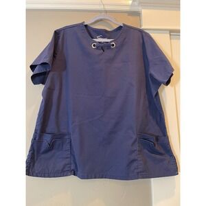Butter-Soft Stretch Women Navy Blue Grommet V-Neck Scrub Top 2X Short Sleeve